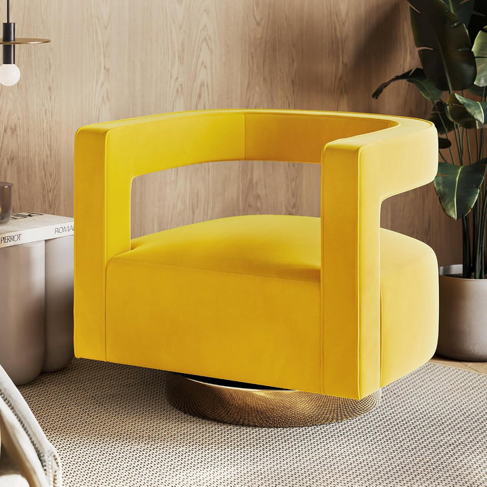 BELLEZE Swivel Barrel Accent Chair, Modern Upholstered Arm Comfy Velvet Curved Back Round Chair with Gold Base Wood Frame, 360 Degree for Living Room Bedroom Office,Yellow