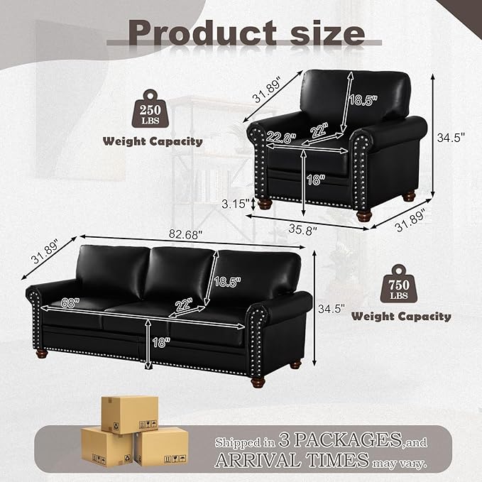 2 Piece Faux Leather Sofa Set,Modern Chair and Couch Sets with Storage,Mid Ce...