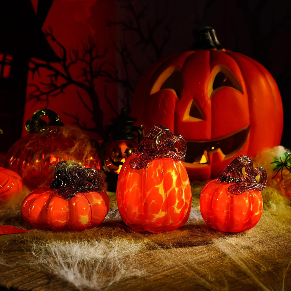 3 Pcs Blown Glass Pumpkin Figurines Orange Fall Halloween Table Decor