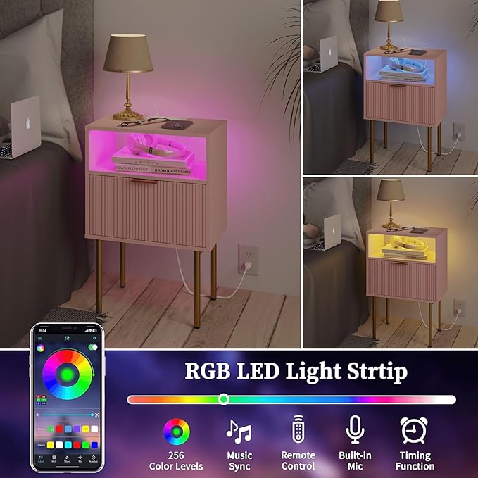 Modern Nightstand with Charging Station and LED Lights, White Bedside Table w...