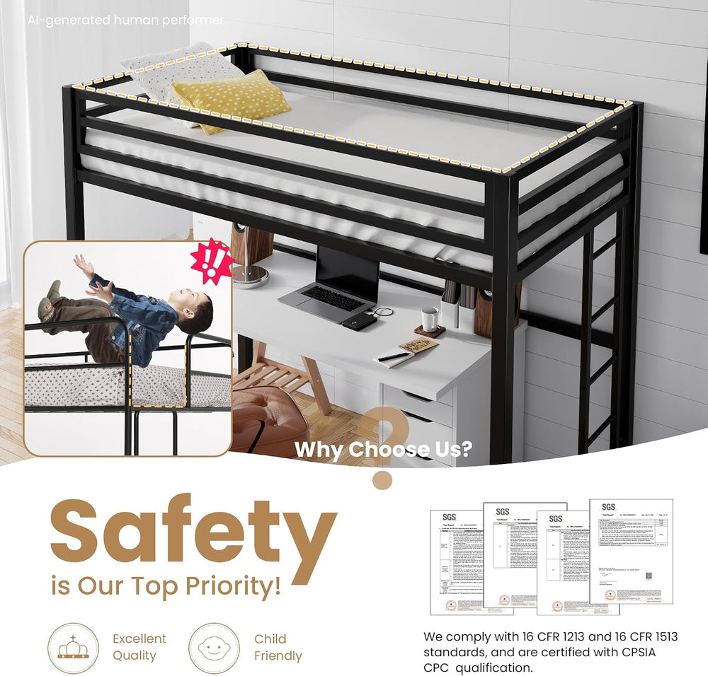 SHA CERLIN Loft Bed Twin Size with Ladder and Guardrail,Black