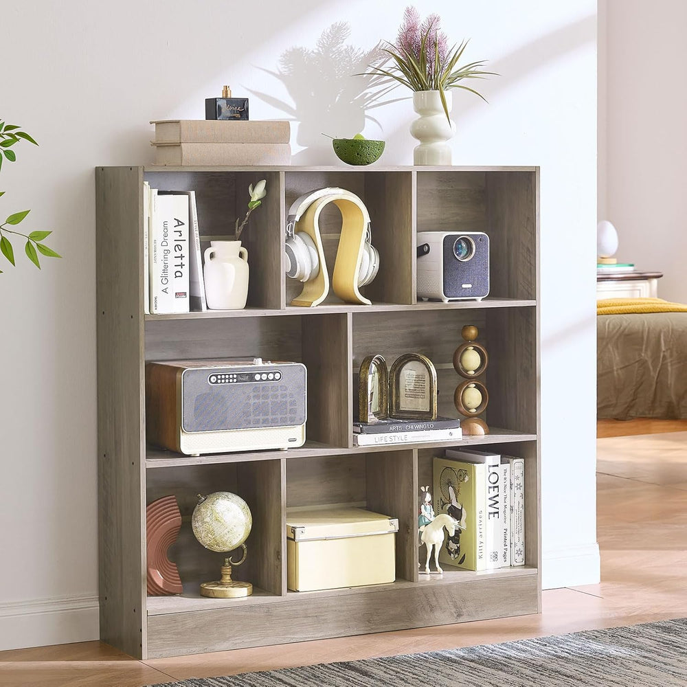 LEYAOYAO 8 Cube Bookshelf with Base,3 Tier Mid-Century Modern Grey Bookcase,S...