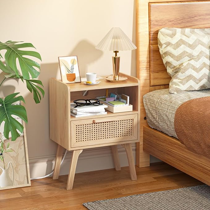 Lerliuo Rattan Nightstands Set of 2 with Charging Station, Boho Night Stand w...