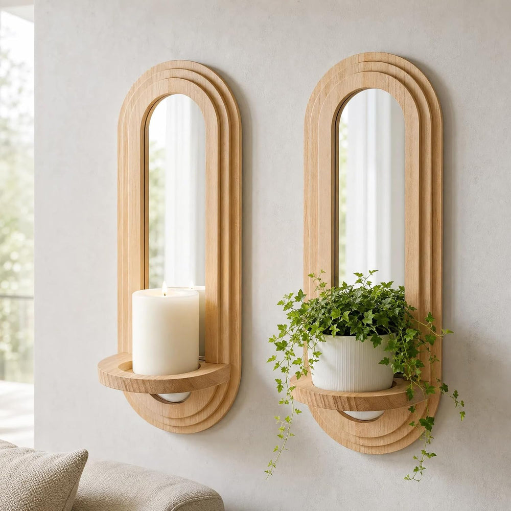 Wood Wall Sconce Candle Holder with Mirror - Set of 2 Wooden Candle Holders,F...