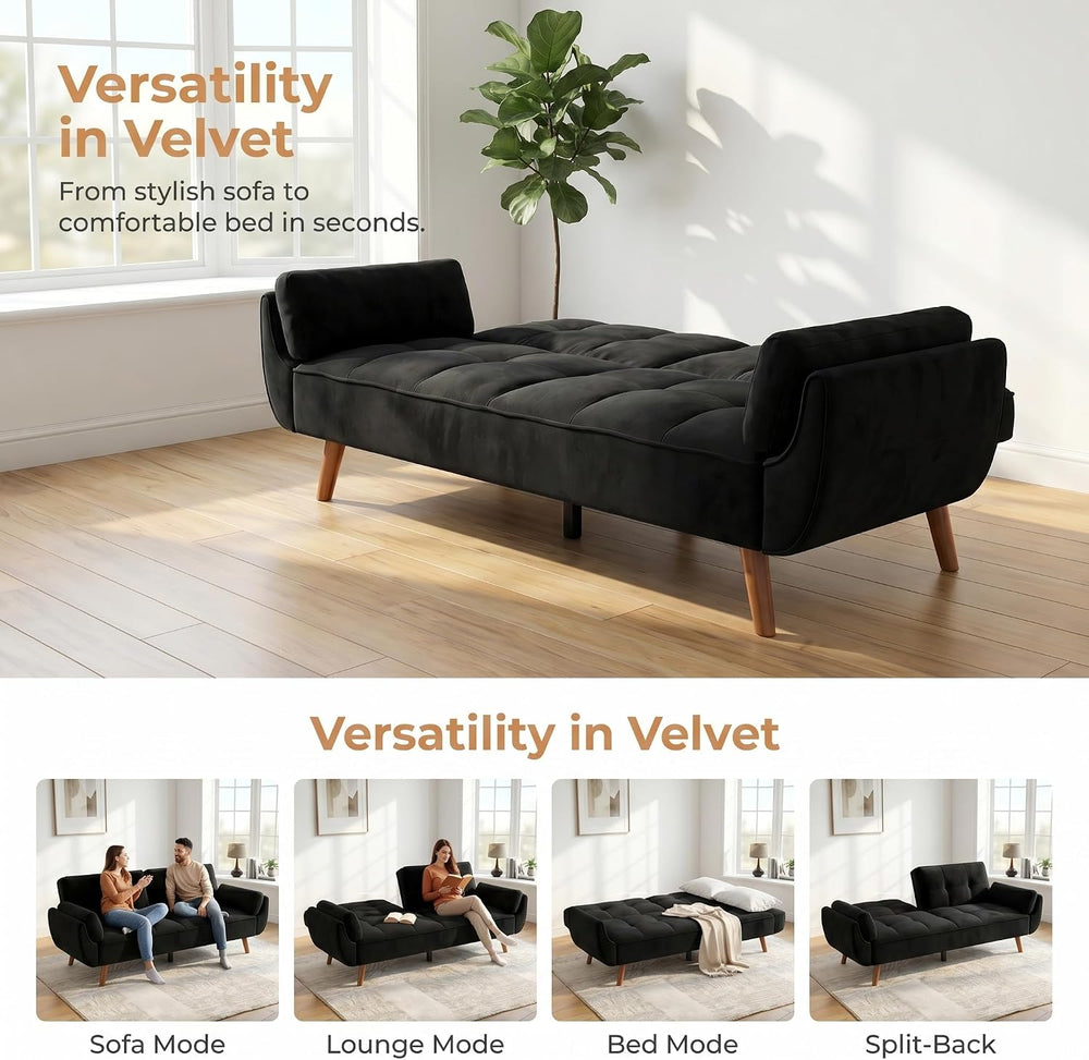 75.2" Convertible Futon Couch Bed with Adjustable Backrest, Black