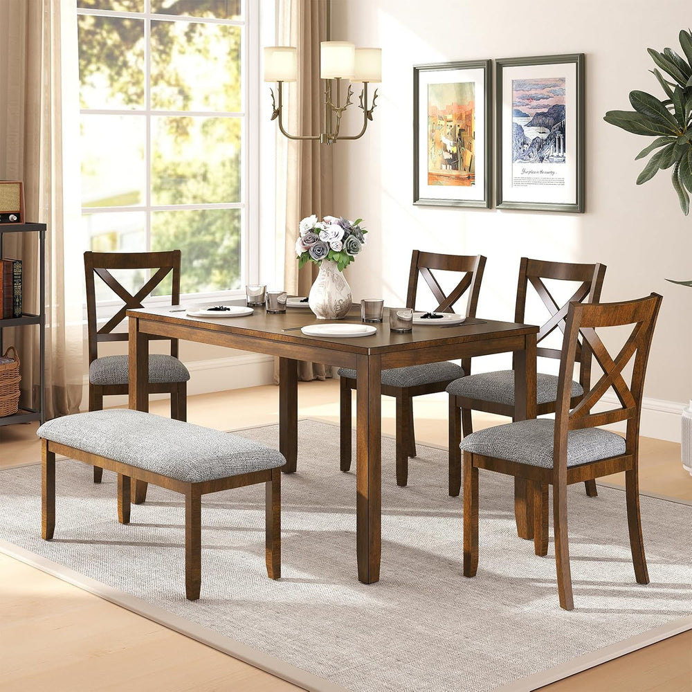 Zevemomo 6-Piece Wooden Dining Table Set, Wooden Legs Dining Table, Walnut | ...