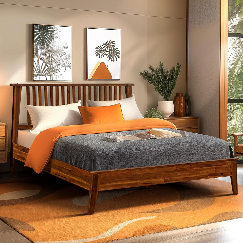 Acacia Kaylin Bed Frame with Headboard Solid Wood Platform Bed, King Bed Fram...
