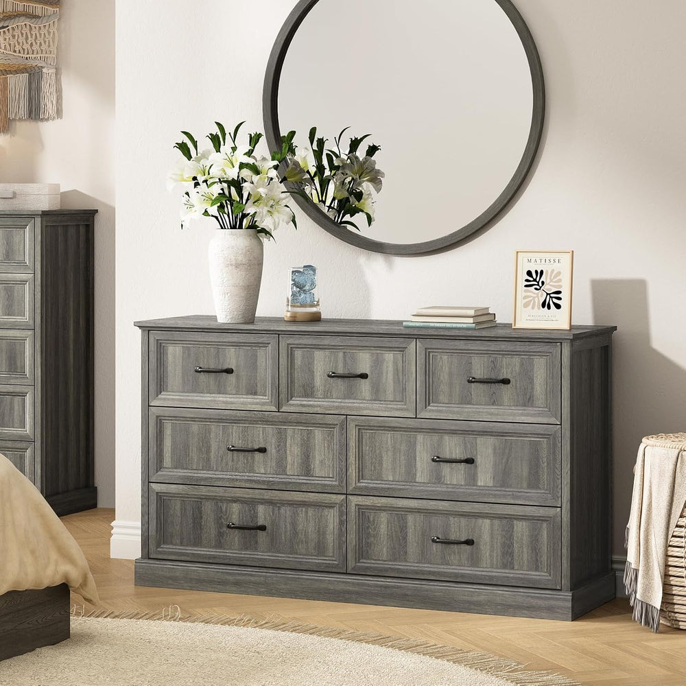 Farmhouse 7 Drawer Dresser for Bedroom, 55" Grey Dresser with TV Stand