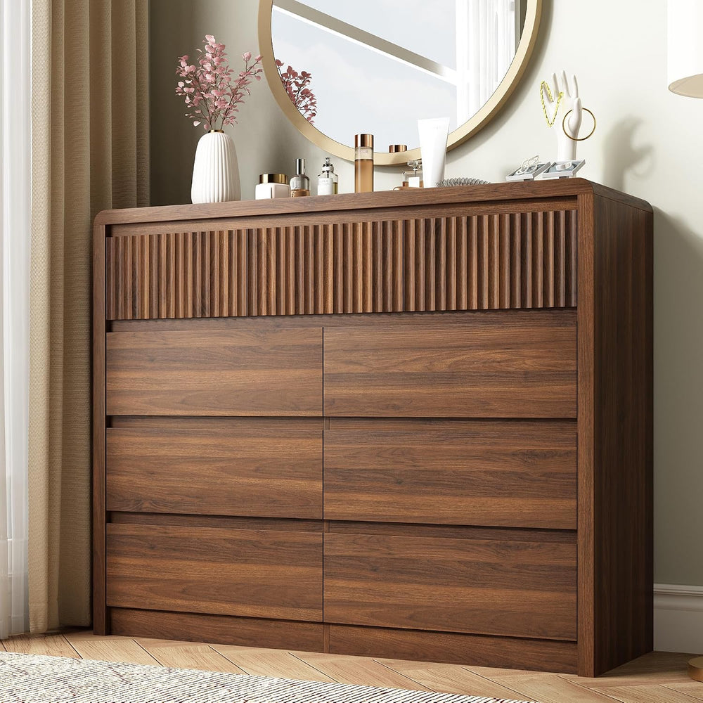 LYNSOM Walnut Fluted 9 Drawer Dresser for Bedroom, Curved Edge, 50" Wide