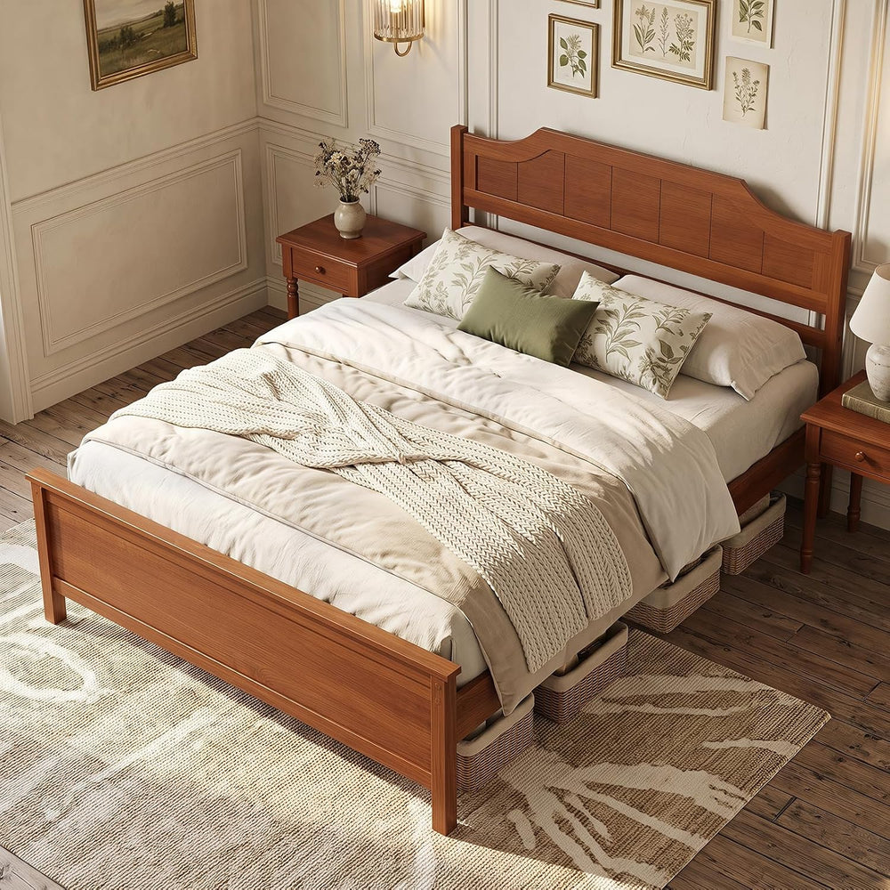 GIANTEX Full Size Wooden Bed Frame with Headboard, Wood Slat Support
