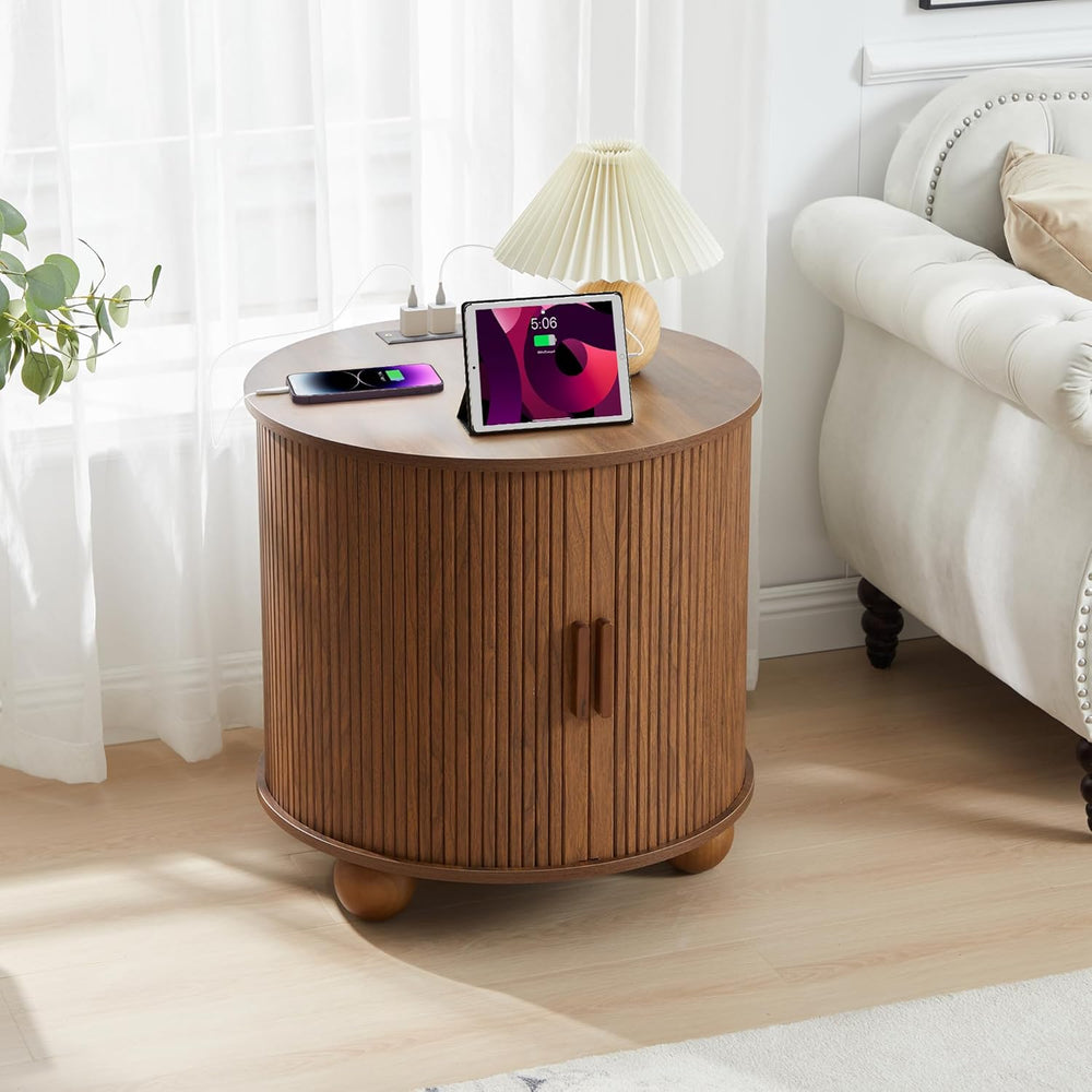 24" End Table with Charging Station, Farmhouse Round Fluted Wood Night S...