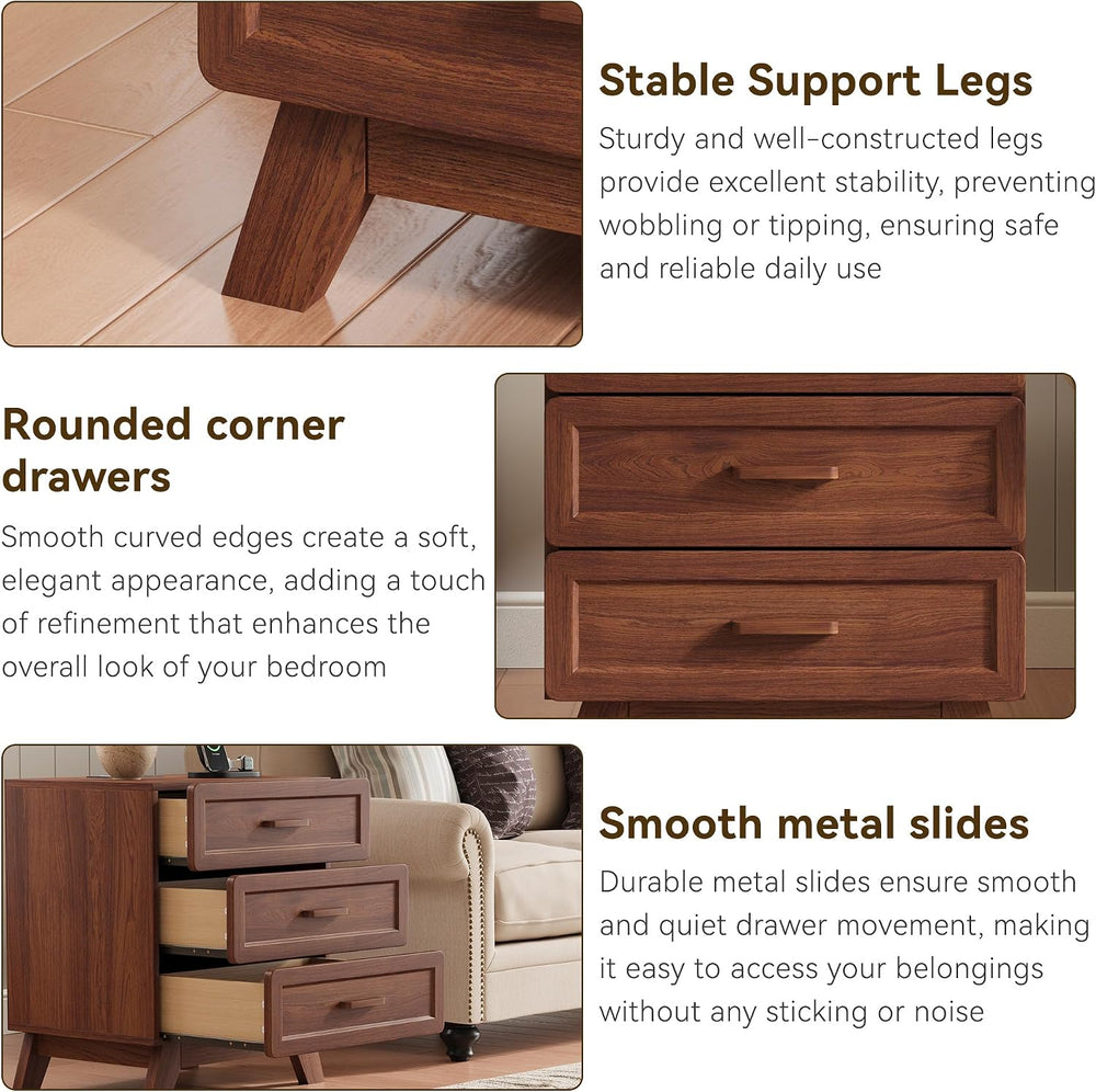 YANSNWO 23.6" Tall Nightstand with Charging Station, 3 Drawers, Walnut