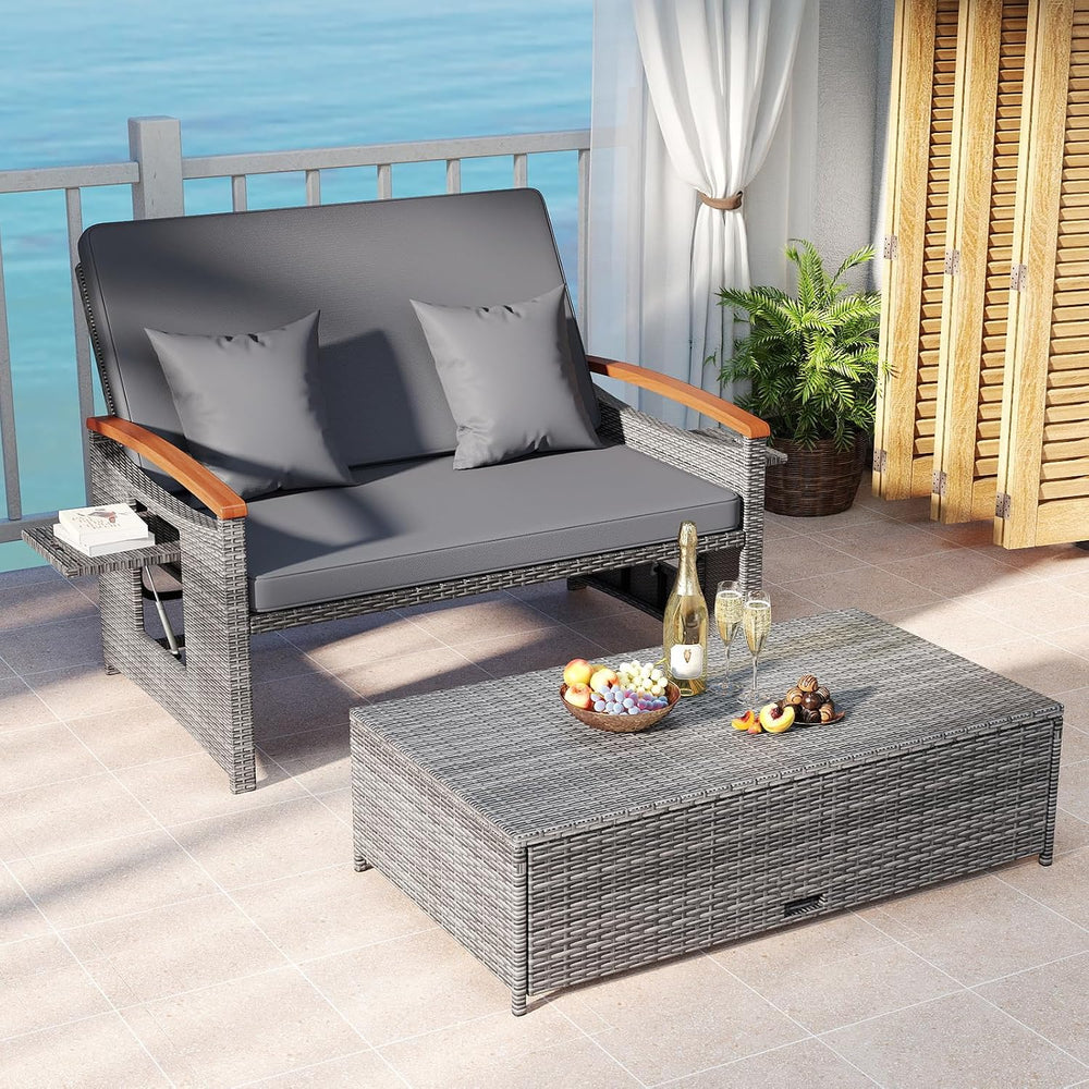 COSTWAY Patio Rattan Daybed, Outdoor Loveseat Sofa with Storage Ottoman