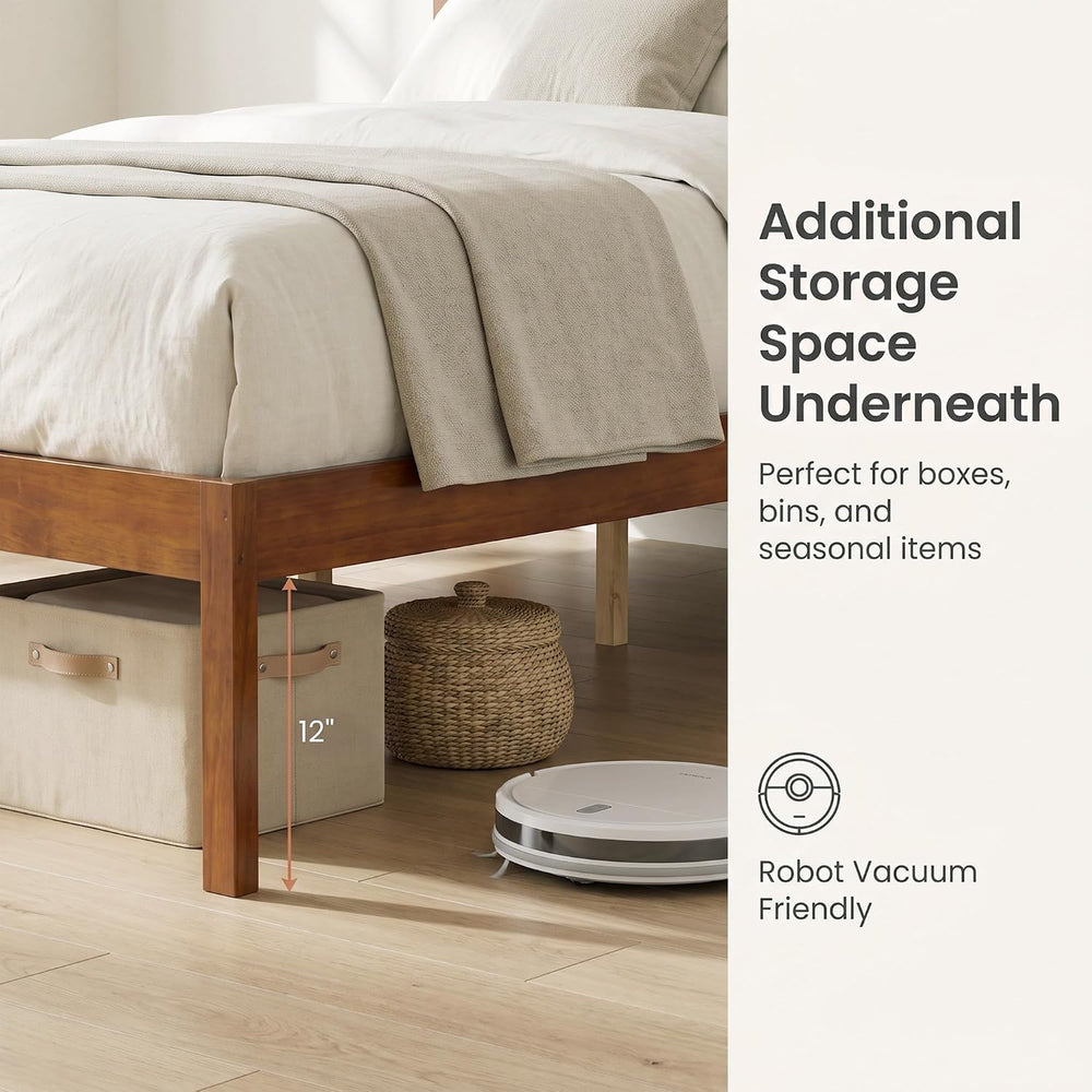 Full Size Bed Frame with Solid Wood Legs and Wooden Slats