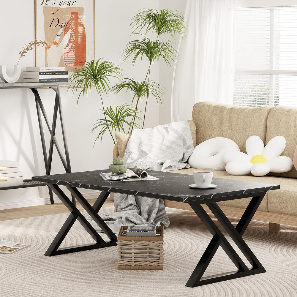 Wolawu Coffee Table Living Room Table Black Center Table, Simple Modern Faux ...