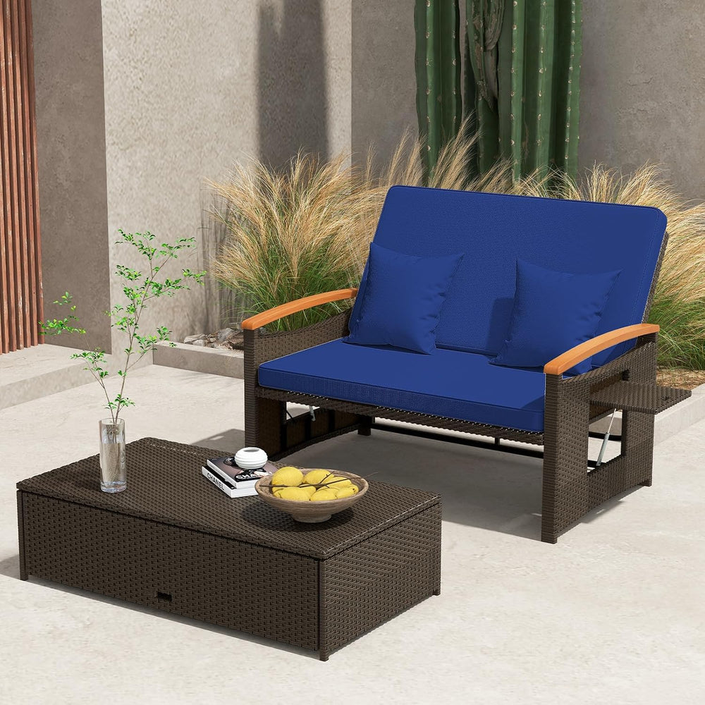 Tangkula Patio Rattan Daybed, Outdoor Wicker Loveseat, Mix Brown & Navy