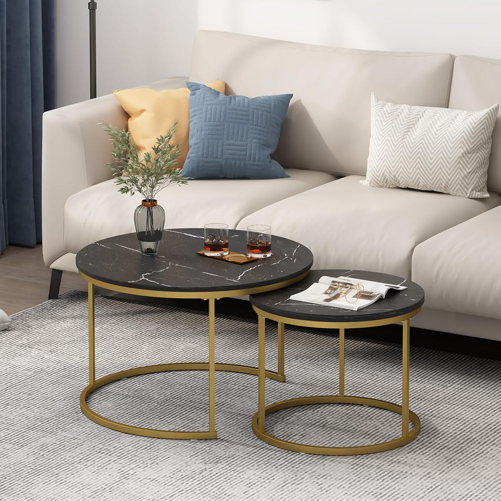 Nesting Coffee Table Set of 2, Wooden Marble Top (Black+Gold) | Nesting Table...