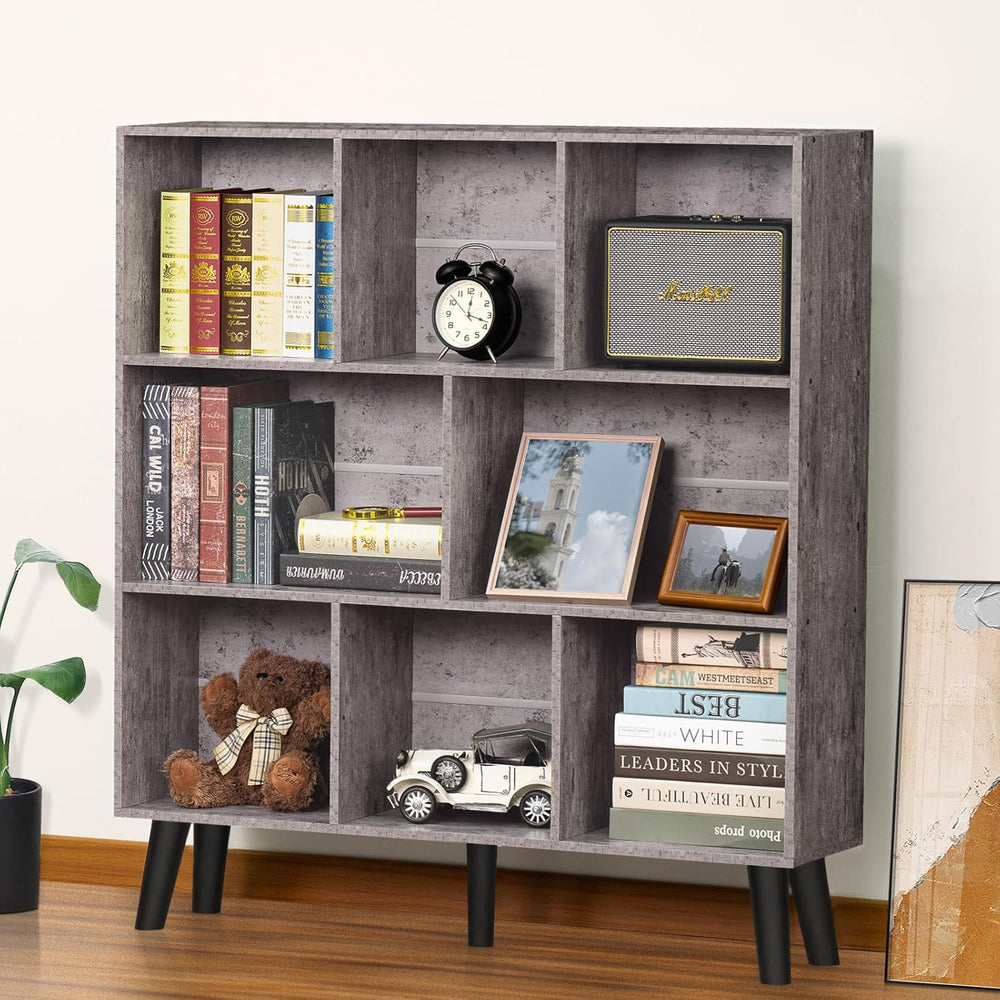 LEYAOYAO 8 Cube Bookshelf,Farmhouse Bookcase with Legs,Modern Dirty Grey Mid-...