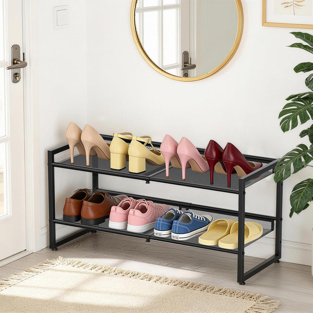 Expandable Shoe Rack, 2 Tier Adjustable Shoe Organizer with Flat & Slant ...