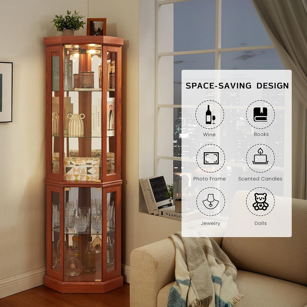 Corner Curio Cabinet, 70" H Lighted Glass Display Cage with Tempered Gla...