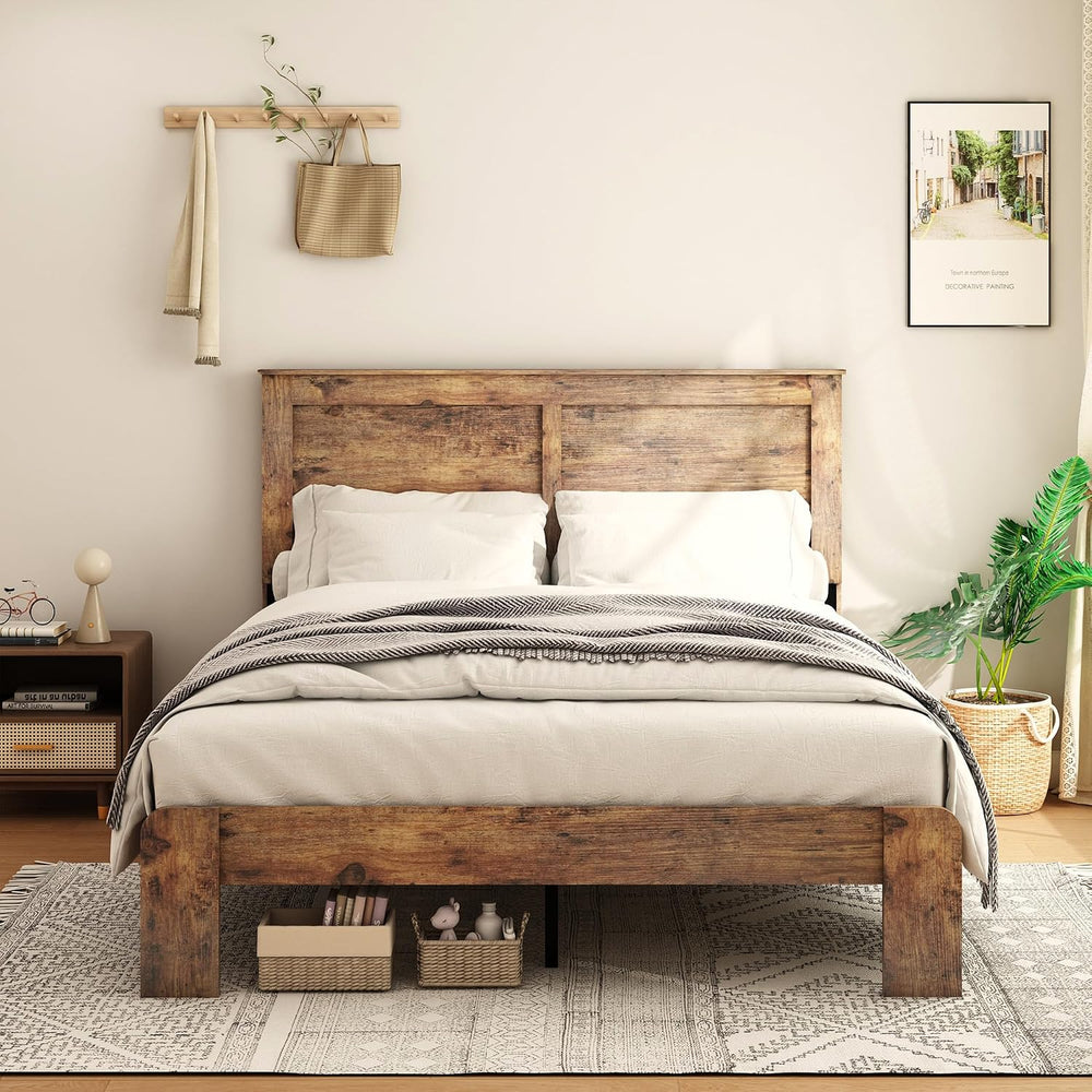 DWOYFO Wood Platform Bed Frame, Full Bed Frame with Headboard, Dark Brown