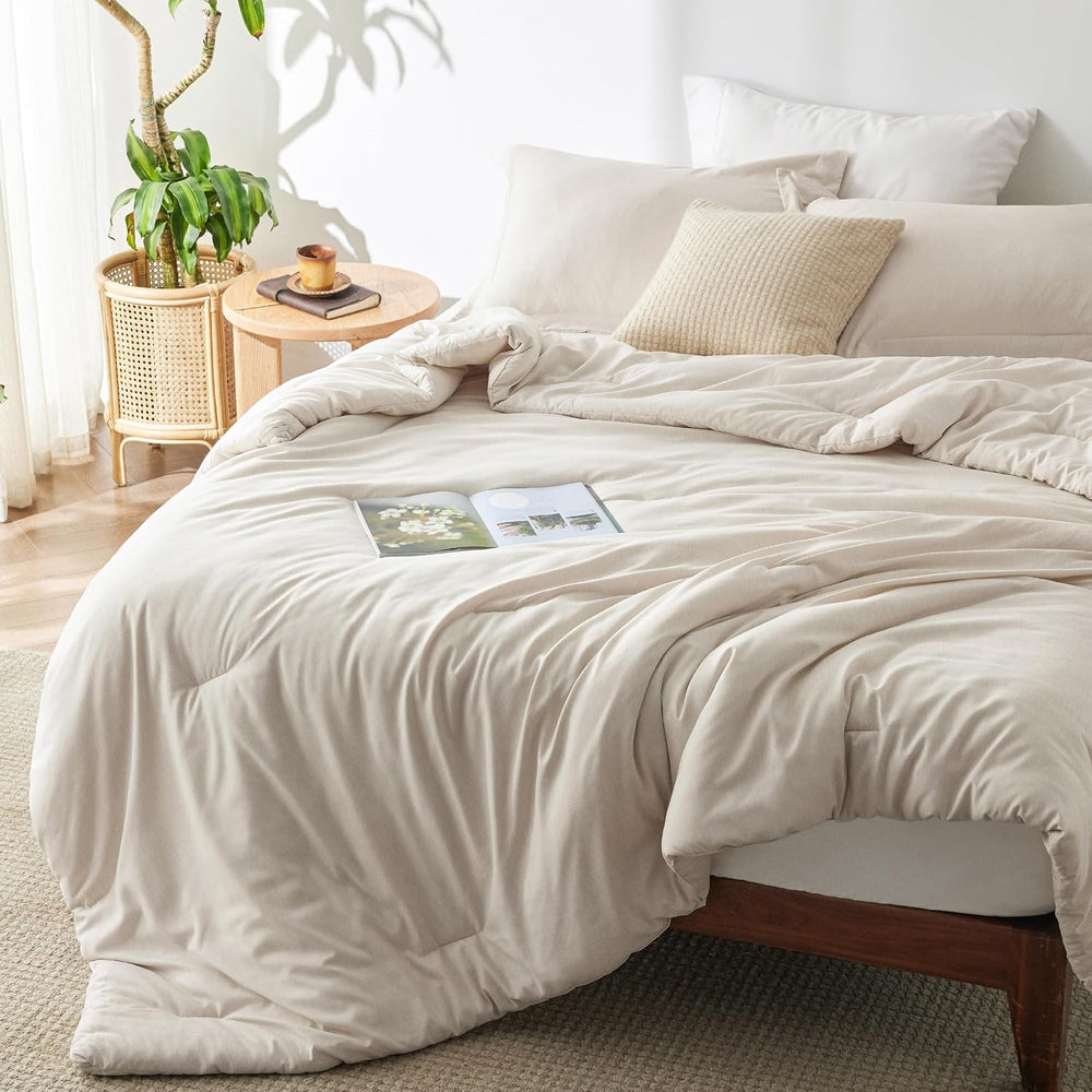 Bedsure Full Size Comforter Set, Soft Beige Cationic Dyed Bed Set 3 Pieces
