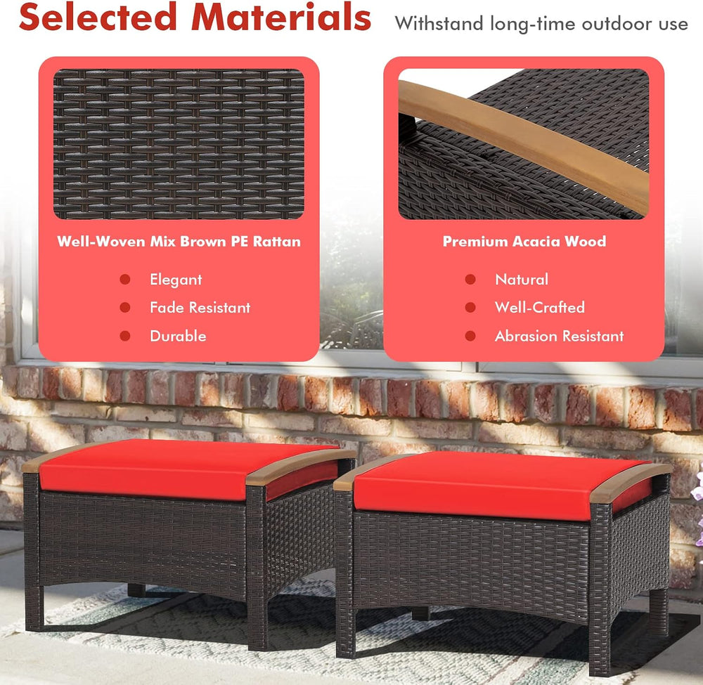 Tangkula 2 Piece Patio Rattan Ottomans, Outdoor Wicker Footstool w/Acacia Woo...