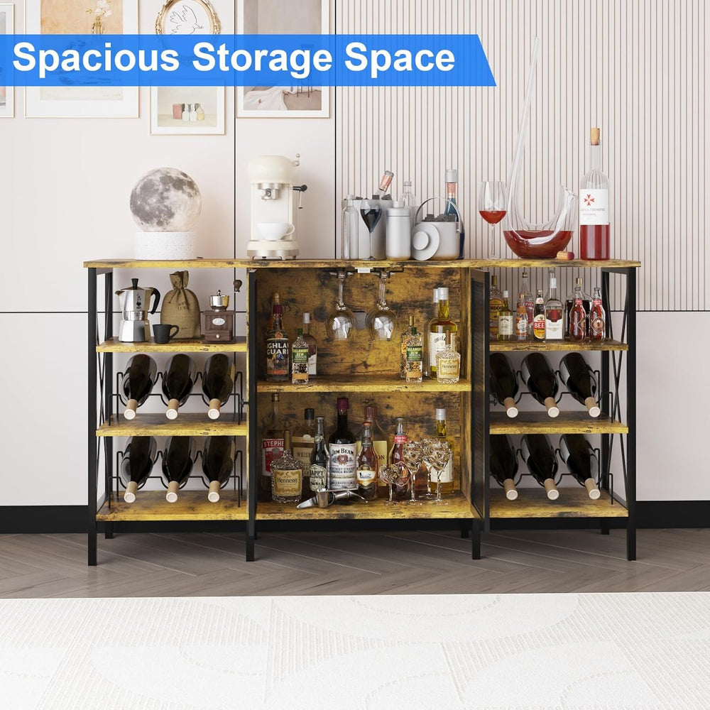 Takywep Farmhouse Industrial Wine Bar Cabinet with LED Light – Freestanding S...