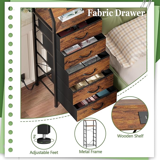 Furnulem 5 Drawers Dresser with Charging Station, Tall Night Stand with Stora...