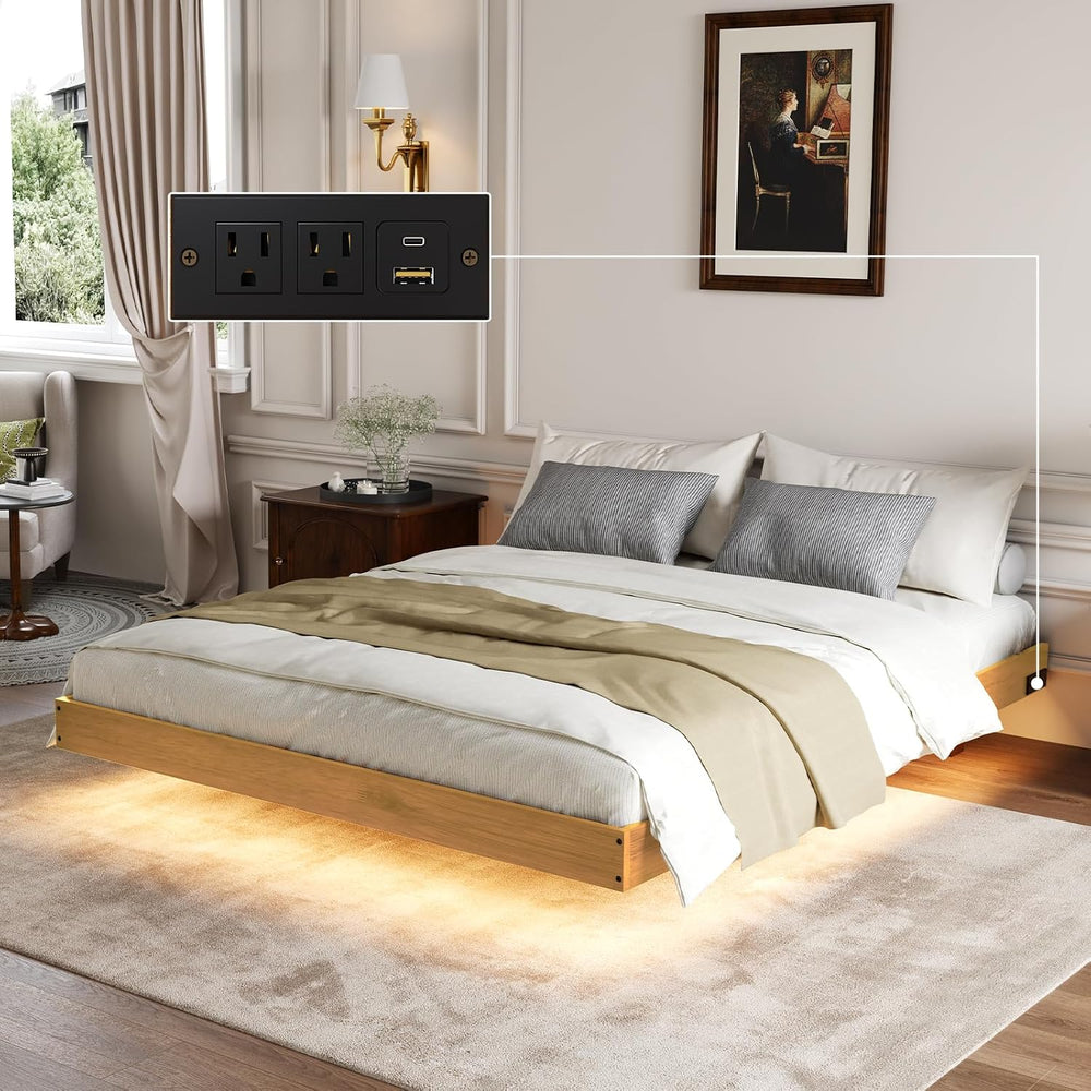 Novilla Floating Solid Wood Queen Bed Frame with Motion Sensor LED Light &...