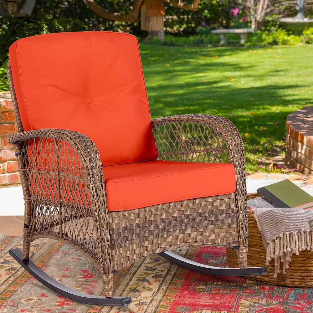 MEETWARM Outdoor Wicker Rocking Chair, Rattan Patio Rocker Chairs with Cushio...