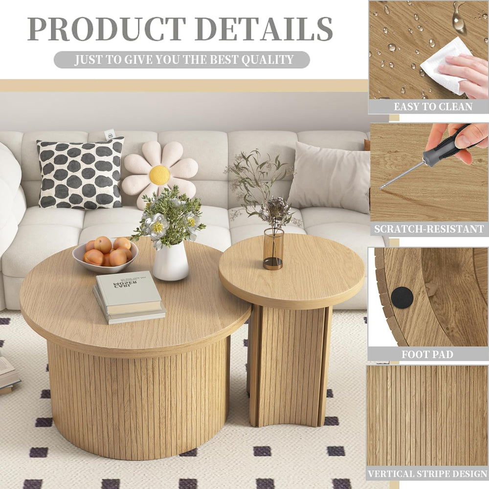 Mxtxmy Set of 2 Nesting Coffee Tables Farmhouse,Round Coffee Table Living Roo...