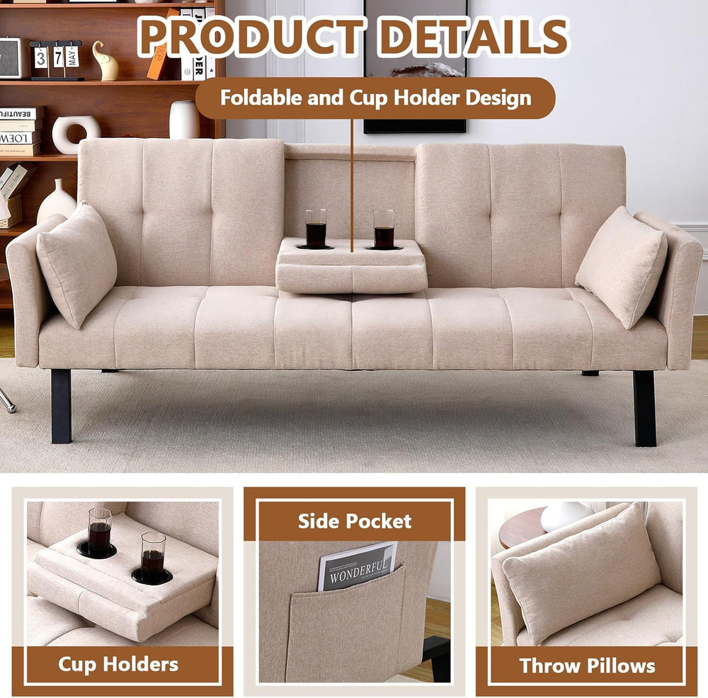 72" Cotton Linen Futon Couch Living Room Couch Bed Convertible Sleeper S...