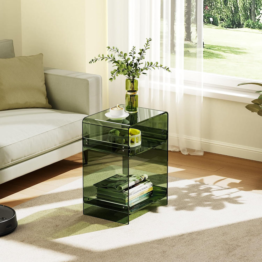 Acrylic Record Player Table with Storage Shelf, Clear Side Table Nightstand (...