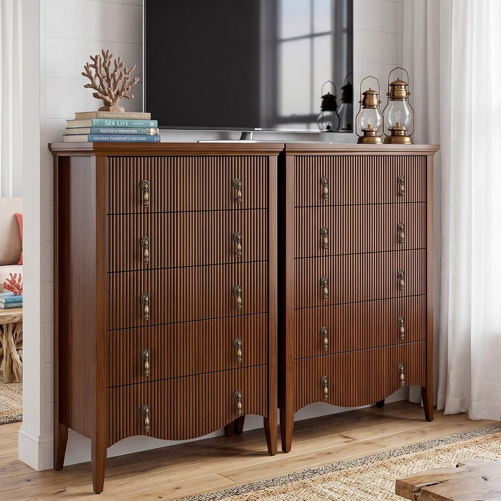 senlin 47‘’ 5 Drawer Fluted Dresser,Vintage Tall Chest of Drawers,Walnut