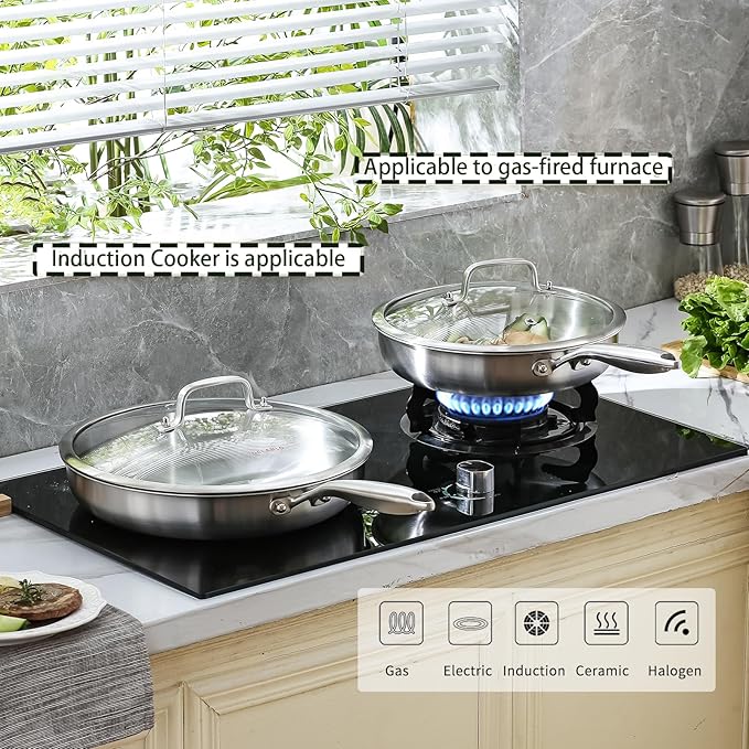 DELARLO Stainless Steel Pan 10.3Inch, Tri-ply Stainless Steel Frying Pan