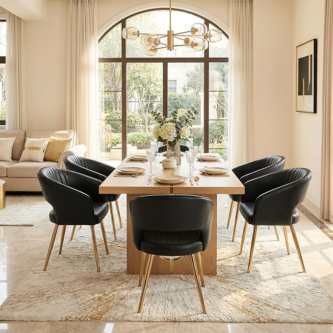Faux Leather Dining Chairs Gold Legs, Modern Black PU Leather Dining Room Cha...