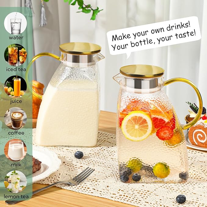 2 Pack Glass Pitcher with Lid and Handle, 1.8 Liter 60 oz Water Jugs