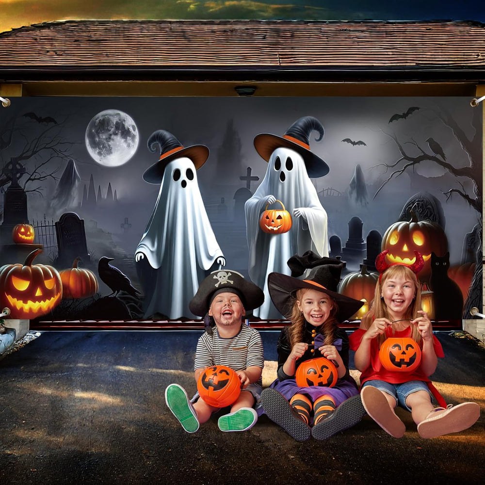 Preboun Halloween Ghost Garage Door Cover Banner 7 X 16 ft Spooky Outdoor