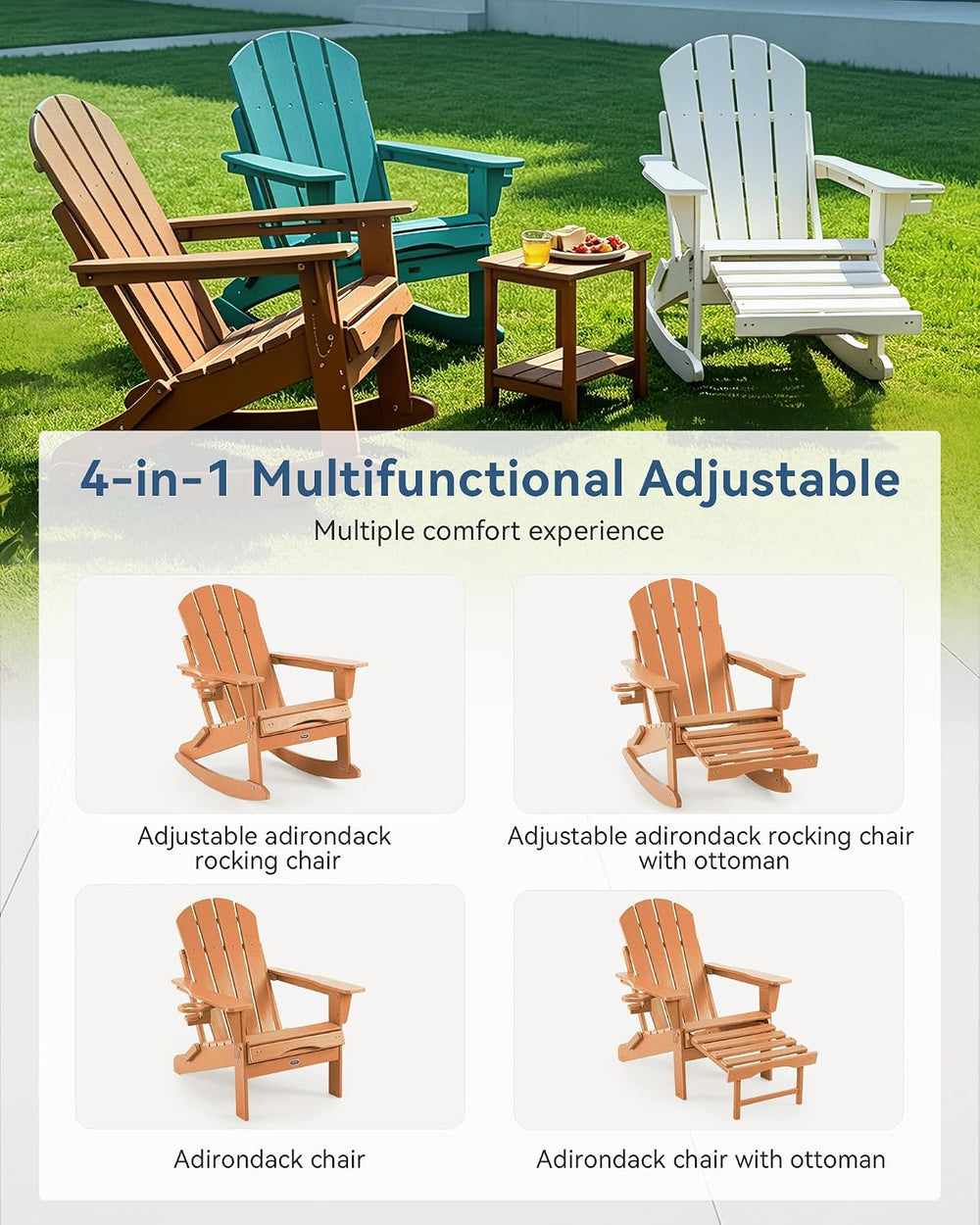 Folding Adirondack Rocking Chair with Footrest, HDPE Adirondack 4-in-1 Multif...