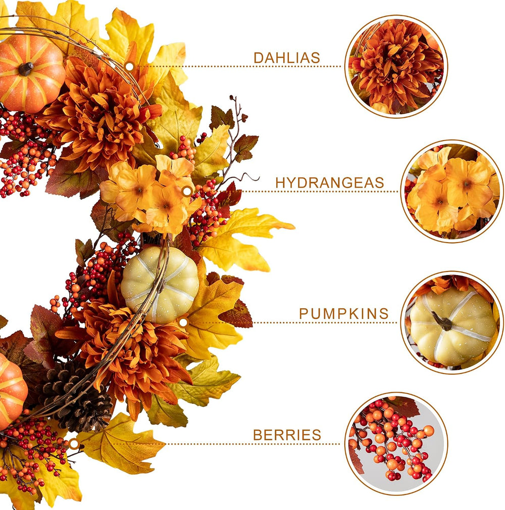 Glitzhome 24 inch Artificial Fall Wreath Decor, Autumn Maple Leaf Wreath for ...