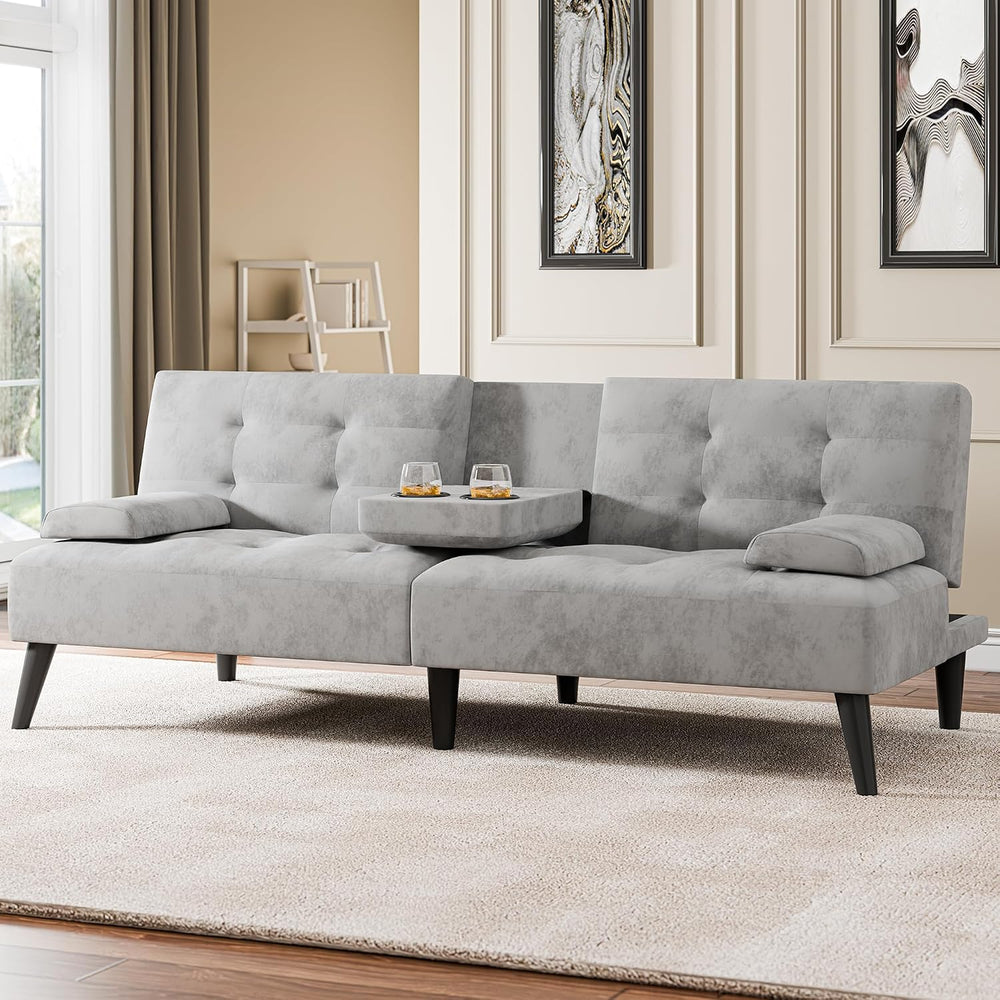 64" Futon Sofa Bed, Loveseat with 2 Cup Holders, Light Grey