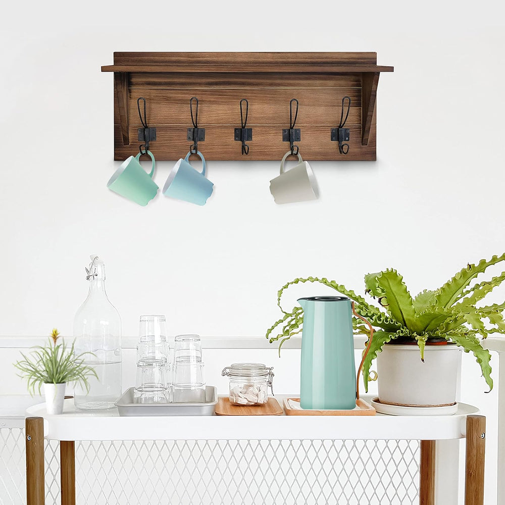 HBCY Creations Rustic Brown Solid Wood Wall Mounted Coat Rack with Shelf, 5 H...