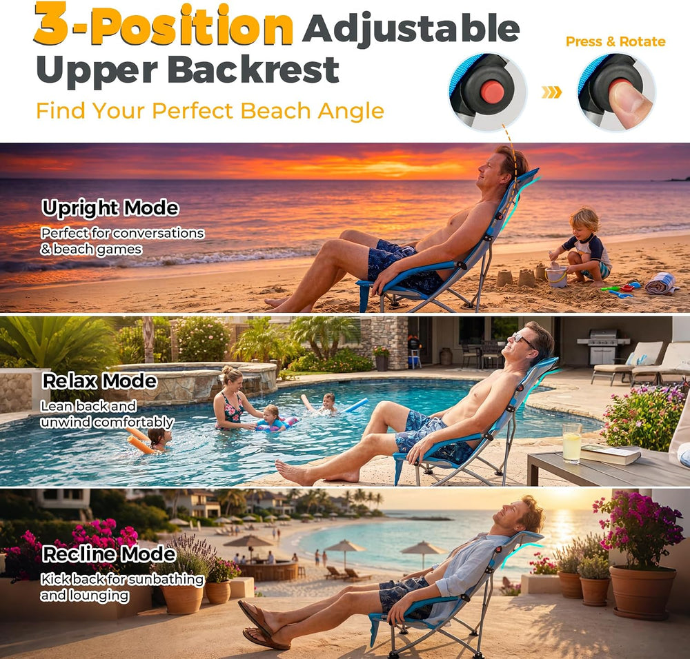 2 Pack Low Beach Chairs for Adults with High Back, Support 400LBS