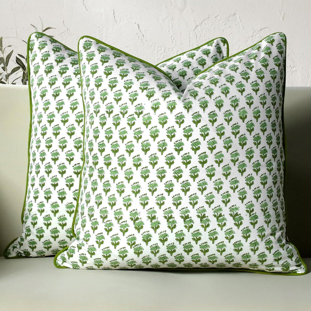 CPC Emerald Green Block Print Throw Pillow Covers 20x20 Inch, Pack of 2