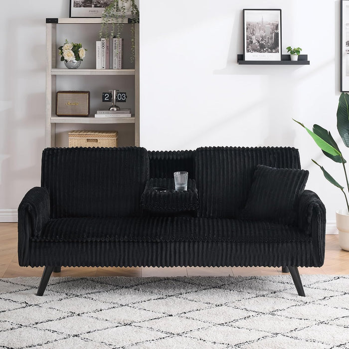 72" Modern Corduroy Sofa Bed Futon,Convertible Sleeper Couch Bed with Cup Holder,4 Reclining Positions,Folding Sofa Cloud Loveseat for Small Living Room Apartment Office (Black-New)