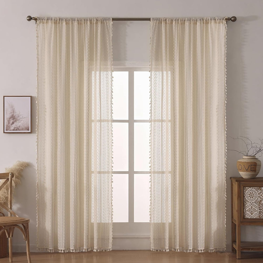 Boho Crochet Curtains for Living Room Lace Curtains 84 Inches Long 2 Panel, R...