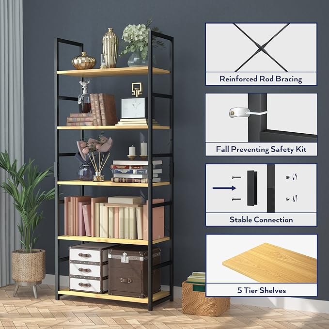 NUMENN 5 Tier Bookshelf, Tall Bookcase Shelf Storage Organizer, Modern Book S...