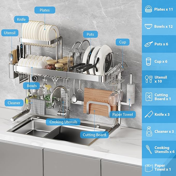 Over Sink Dish Drying Rack, Upgrade 2.5-Tier 304 Stainless Steel Dish Rack