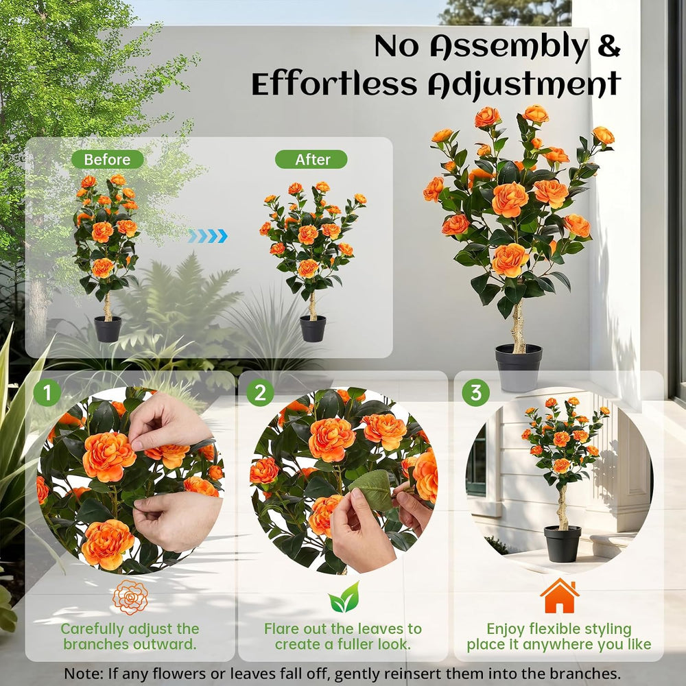 Grelen 2 Pack Artificial Flowers Camellia,Fake Plants for Outdoors,3FT